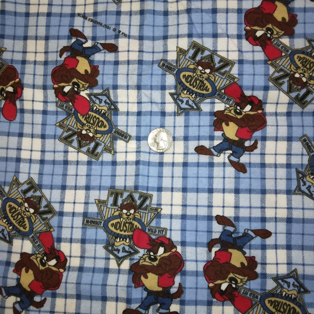 FABRIC Tasmanian Devil On Blue Plaid Flannel, Warner Brothers Licensed, c. 1997